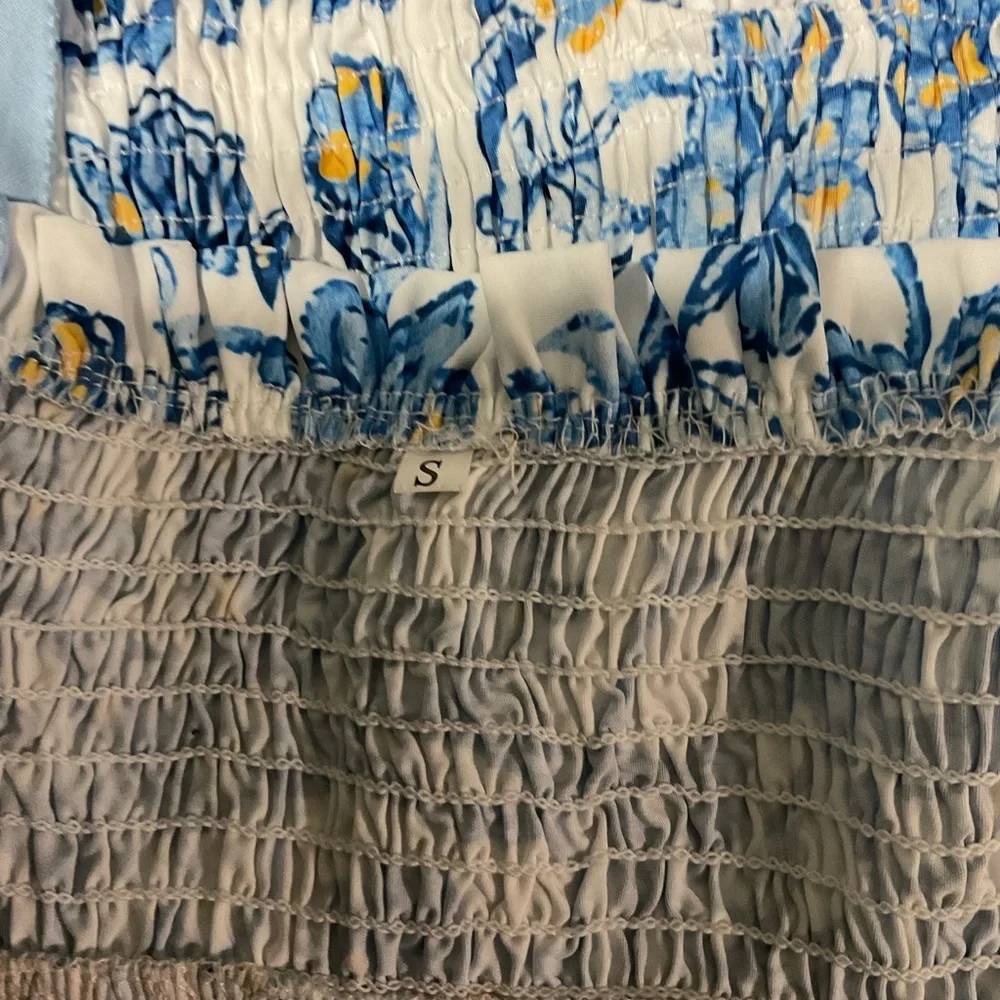 Floral Blue and White, Tie Shoulder Maxi Dress w/ pockets, Size Small - Picture 2 of 11